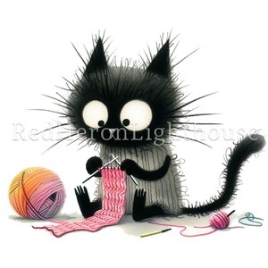 May include: A charming illustration of a black cat knitting with pink wool. The cat has large eyes and spiky fur, with a ball of yarn in shades of orange and pink. The image has the text "Red Heron Lighthouse" in the background.