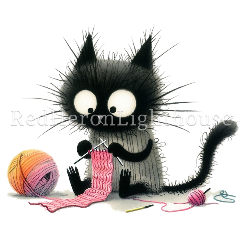 May include: A charming illustration of a black cat knitting with pink wool. The cat has large eyes and spiky fur, with a ball of yarn in shades of orange and pink. The image has the text "Red Heron Lighthouse" in the background.