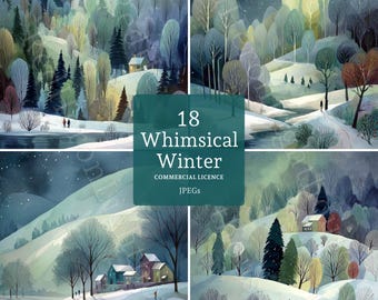 Whimsical Winter Scenery Clip Art: 18 Watercolour Snowy Landscape JPGs, Digital Download, Commercial Use, Junk Journal, Card Making