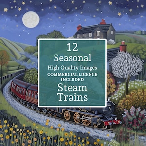 12 seizoensgebonden stoomtreinen clipart, ontwerpen van hoge kwaliteit, naïeve volkskunst, 12 jpg's, kunst aan de muur, knutselen COMMERCIEEL GEBRUIK Digitale download | AR0426