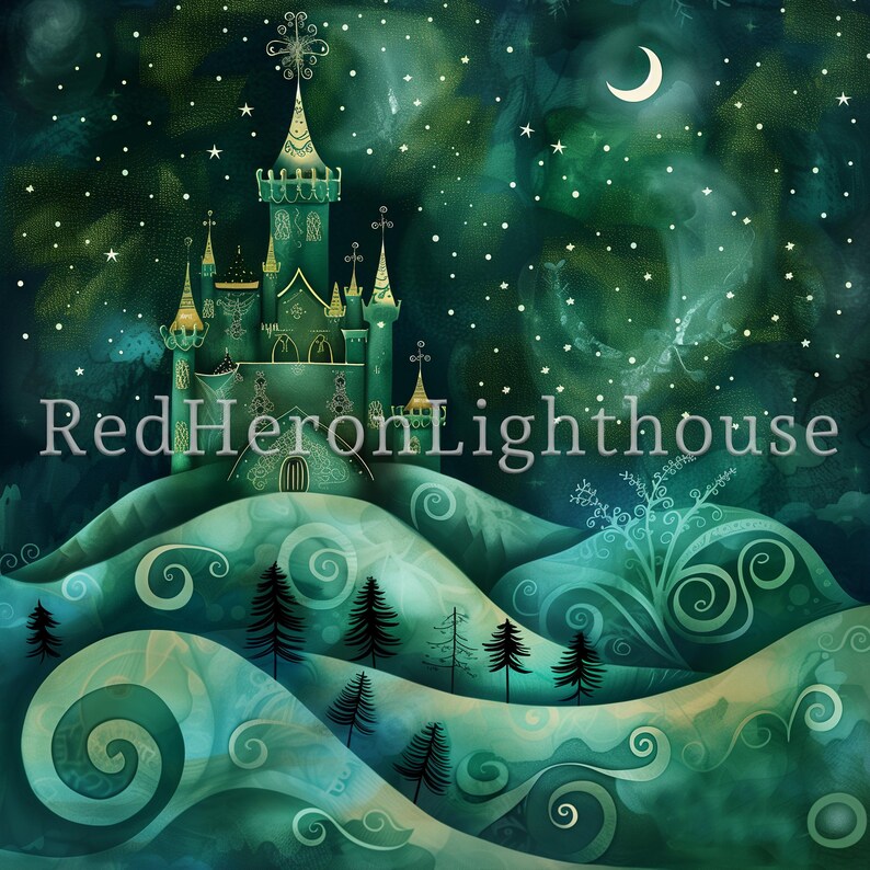 May include: A green castle with gold accents sits on a hilltop under a starry night sky. The castle has a crescent moon above it and is surrounded by rolling hills and trees.