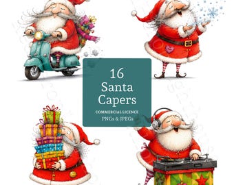 Op de afbeelding: Een digitale illustratieset met vier scènes van de Kerstman in een rood pak met witte rand. Eén Kerstman rijdt op een blauwgroene scooter, één blaast sneeuwvlokken, één houdt kleurrijke cadeaus vast en één gebruikt DJ-apparatuur.