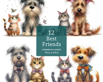 Adorable Cat & Dog Clipart, 12 PNGs/JPGS, Best Friends Clipart, Cute Animal Images, Pet Lover Crafting Journaling, COMMERCIAL USE | AR0618-3