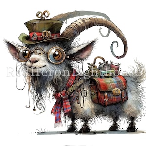 May include: A whimsical illustration of a goat wearing a top hat, goggles, and a plaid scarf. The goat is carrying a backpack filled with various items, including a teapot, a compass, and a clock.