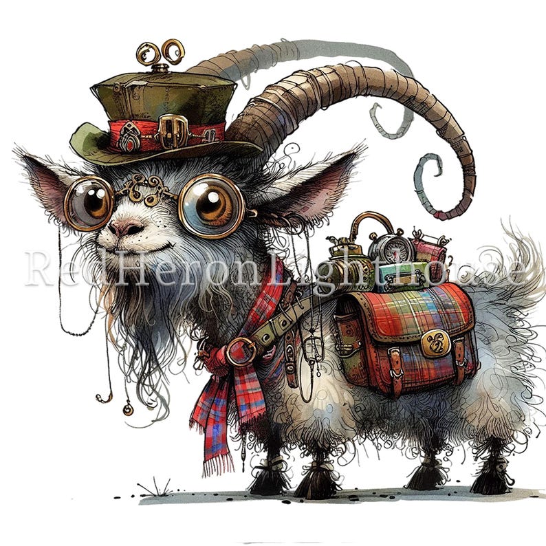 May include: A whimsical illustration of a goat wearing a top hat, goggles, and a plaid scarf. The goat is carrying a backpack filled with various items, including a teapot, a compass, and a clock.
