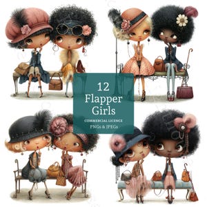 May include: A whimsical illustration of 12 flapper girls, each with large eyes and vintage attire. The image showcases the girls in various poses, wearing dresses, hats, and accessories. A teal square with the text "12 Flapper Girls" is also visible.