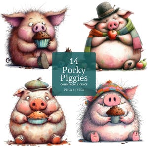 Clipart de cerdo gordo, 14 PNG/JPG de alta calidad, imágenes divertidas de cerdos, animales de granja, creación de tarjetas, diario, manualidades de papel, uso comercial / BR0310