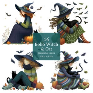 Clipart sorcière bohème et chat, 14 fichiers PNG/JPG de haute qualité, aquarelle sorcière d'Halloween fantaisiste, créations en papier, fabrication de cartes, tenue d'un journal | BR0523-1