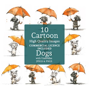 10 Cute Dogs with Umbrellas Clipart Set, JPGs/PNGs, High Quality Designs, Quirky Dog Images, Whimsical Pet Art, COMMERCIAL USE | AR0409-4