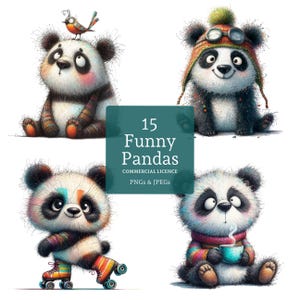 Clipart de Panda Divertido, 15 PNG/JPG de acuarela de alta calidad, Clipart de Animales de la Selva, Manualidades en Papel/Digital. USO COMERCIAL / BR0609-1