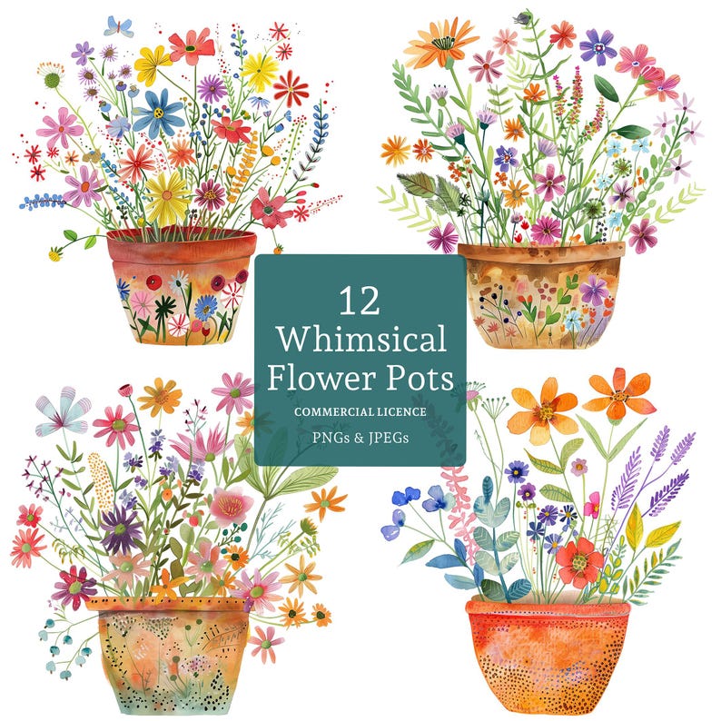 May include: Twelve whimsical flower pots with colorful flowers in various shades of pink, yellow, orange, blue, and purple. The pots are brown with a white and blue pattern. The image includes the text "12 Whimsical Flower Pots Commercial Licence PNGs & JPEGs".