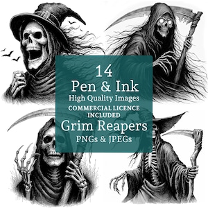 Sensenmann Stift & Tinte Clipart-Set, 14 PNGs / JPGS, erschreckende Halloween Kunst, Fantasy Gothic Designs, Tod Clipart KOMMERZIELLE NUTZUNG | AR0816-1