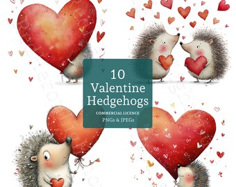 Hedgehog Clip Art, Watercolour Valentines Day Woodland Animal, 12 PNGs/JPGs, Digital Download, Commercial Use, Card Making, Junk Journal