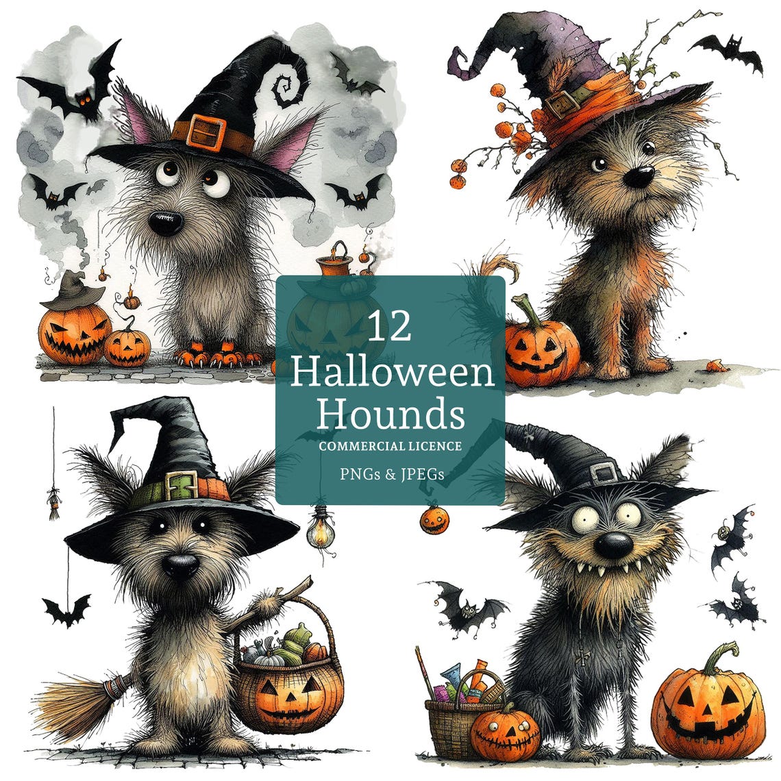 Halloween Witch Dog Clipart Set, 12 Png/jpegs, Quirky Dog & Pumpkins ...