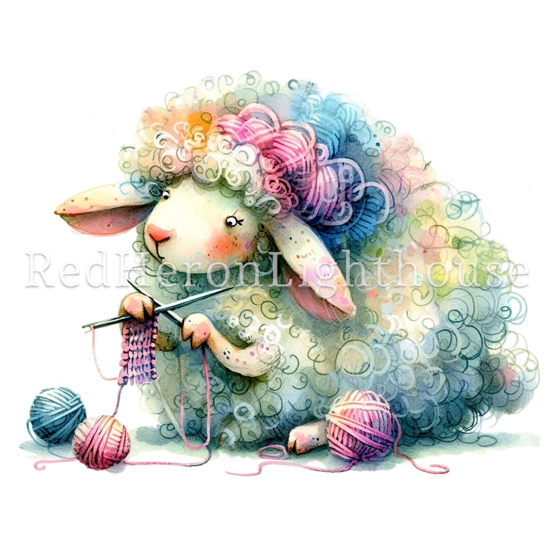 May include: A watercolour painting of a fluffy white sheep with colourful yarn in its wool, knitting with needles and balls of yarn.