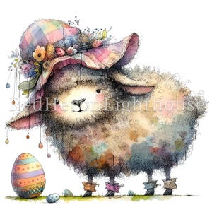 May include: A watercolor painting of a fluffy sheep wearing a colorful, floral-adorned hat and holding an Easter egg. The sheep has a sweet expression and is standing on a grassy surface.