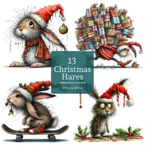 Kersthaas clipart, 13 hoge kwaliteit png's/jpg's, feestelijke hazen, wintervakantie clipart, leuke dieren knutselen, junk journaling | AR1011-2