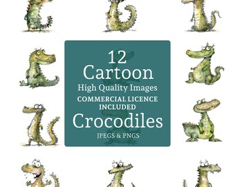 Cartoon Krokodil Clipart, hochwertige Designs, 12 PNGs / JPGs, schrullige Alligator Bilder, lustige Dschungeltier Basteln KOMMERZIELLE NUTZUNG | AR0418