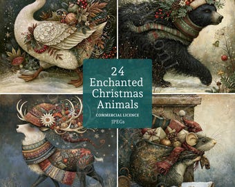 May include: A digital collection of 24 Enchanted Christmas Animals featuring illustrations of a goose, a bear, a deer, and a mouse adorned with festive winter foliage, scarves, and hats, with the text 24 Enchanted Christmas Animals Commercial Licence JPEGs.