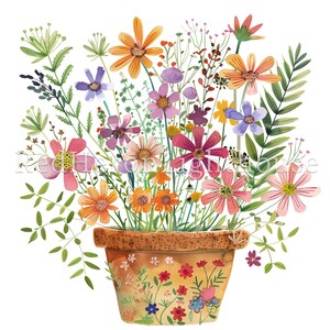 May include: A terracotta flower pot filled with a colorful bouquet of flowers. The flowers are in shades of pink, purple, orange, and yellow. The pot is decorated with a floral pattern.
