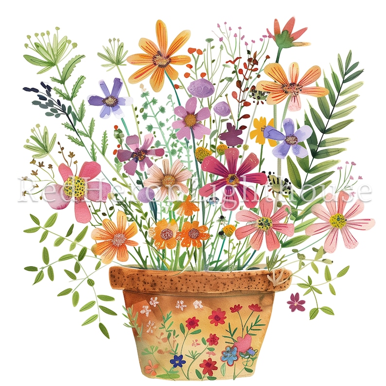 May include: A terracotta flower pot filled with a colorful bouquet of flowers. The flowers are in shades of pink, purple, orange, and yellow. The pot is decorated with a floral pattern.