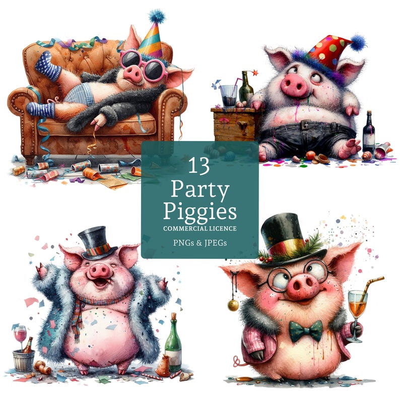 Puede incluir: Un conjunto de 13 ilustraciones digitales de cerdos de dibujos animados vestidos con atuendos de fiesta. Los cerdos llevan sombreros, gafas y pajaritas. Las ilustraciones est&aacute;n en estilo acuarela y son perfectas para usar en invitaciones de fiesta, tarjetas y otros proyectos festivos.