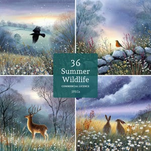 May include: A collection of four watercolor paintings featuring summer wildlife scenes. The images include a crow in flight, a robin on a stone wall, a deer in a field, and two rabbits in a meadow. The text "36 Summer Wildlife" is also present.