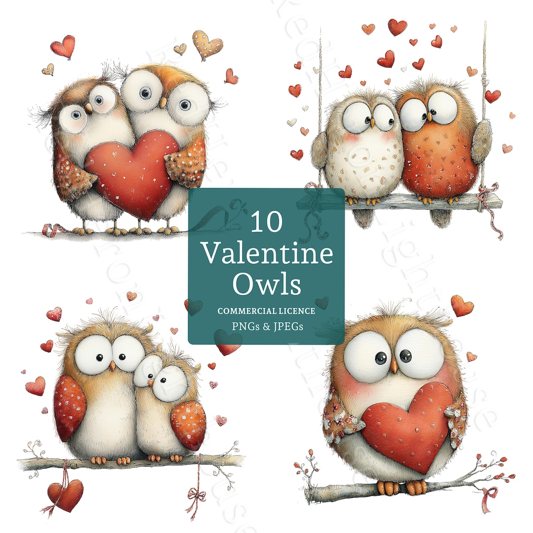 Valentines Day Owl Clip Art, Watercolour Whimsical Love Graphics, 10 ...