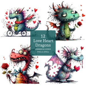 Clipart dragon coeur d'amour, designs de haute qualité, 12 fichiers PNG/JPG, Saint-Valentin/anniversaire, animal mythique original, UTILISATION COMMERCIALE | AR1023