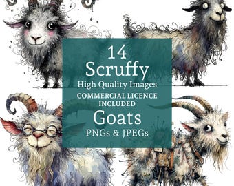 Scruffy Goats Clipart Set, 14 PNGs & JPEGs, Funny Mountain Goats, Cute Whimsical Farm Animals, COMMERCIAL USE Digital Download | AR0718-2