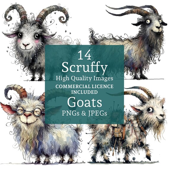 Scruffy Goats Clipart Set, 14 PNGs & JPEGs, Funny Mountain Goats, Cute Whimsical Farm Animals, COMMERCIAL USE Digital Download | AR0718-2