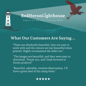 Pode incluir: Arte digital de RedHeronLighthouse. A imagem apresenta um farol, um p&aacute;ssaro vermelho e depoimentos de clientes sob o t&iacute;tulo "What Our Customers Are Saying..." sobre a arte digital.