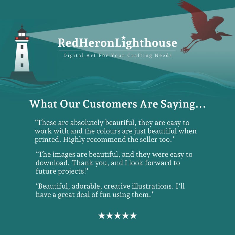 Pode incluir: Arte digital de RedHeronLighthouse. A imagem apresenta um farol, um p&aacute;ssaro vermelho e depoimentos de clientes sob o t&iacute;tulo "What Our Customers Are Saying..." sobre a arte digital.