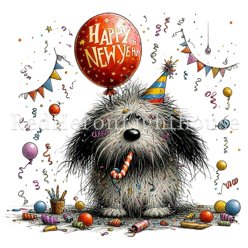 Pu&ograve; includere: Illustrazione di un cane arruffato con cappello da festa e trombetta, circondato da coriandoli e decorazioni. Un palloncino rosso con la scritta "Happy New Year" fluttua sopra il cane. Una scena festosa per festeggiare il Capodanno.