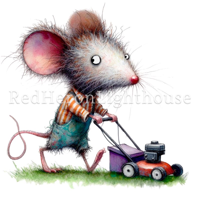 May include: A cartoon mouse wearing overalls and a striped shirt pushes a red lawnmower across a patch of green grass.