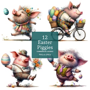 Imágenes prediseñadas de cerdo de Pascua, 12 PNG/JPG de alta calidad, divertidos cerdos de primavera, imágenes extravagantes de animales de granja, manualidades digitales y en papel USO COMERCIAL / BR0123-1