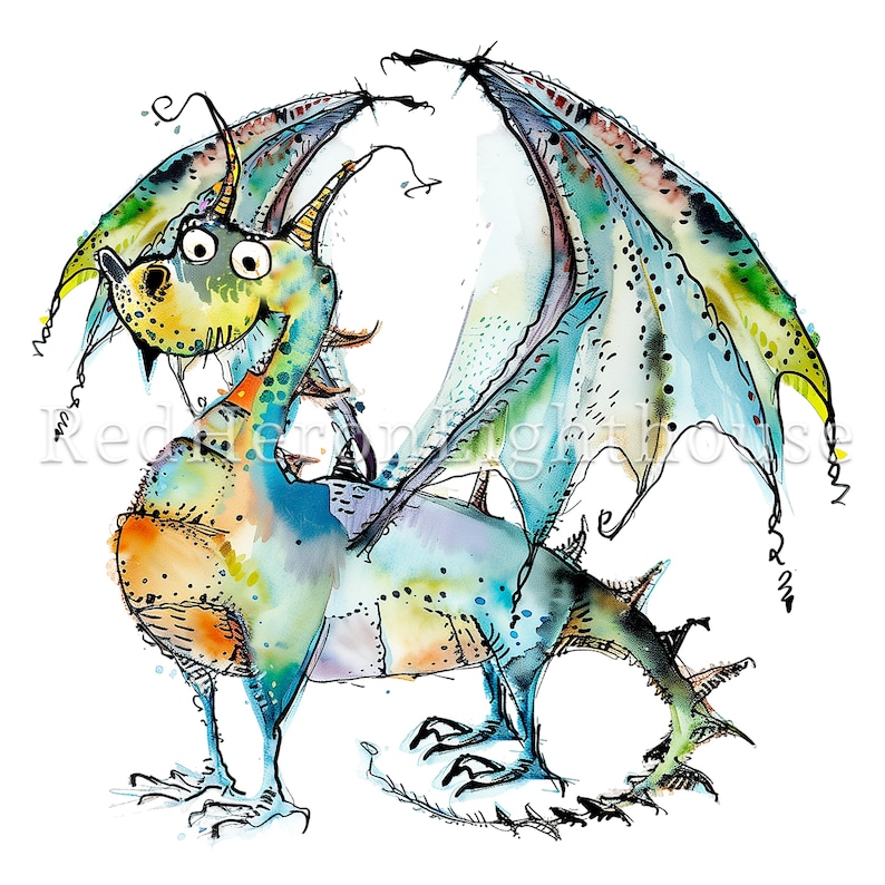 May include: A whimsical watercolor painting of a blue, green, and yellow dragon with large eyes and a toothy grin. The dragon has outstretched wings and a long tail.