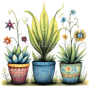 May include: Three potted plants with colorful, hand-painted pots. The plants are a green fern, a blue succulent, and a green succulent with yellow flowers. The pots are decorated with geometric patterns and swirls.