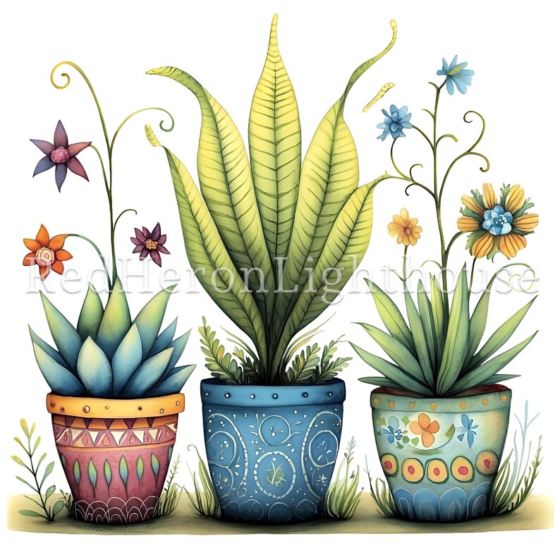 May include: Three potted plants with colorful, hand-painted pots. The plants are a green fern, a blue succulent, and a green succulent with yellow flowers. The pots are decorated with geometric patterns and swirls.