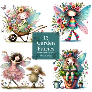 Clipart tuinfee, 13 hoge kwaliteit png-/jpg-bestanden, schattige bloemenfeeën, fantasie lente- en zomerambachten en journaling COMMERCIEEL GEBRUIK | BR0108