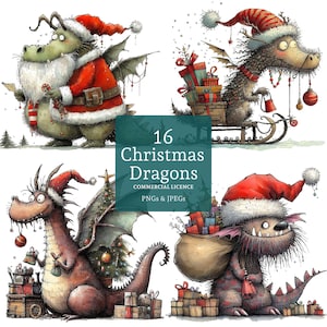 Weihnachtsdrache Clipart, 16 hochwertige PNGs / JPGs, schrullige Drachen Clipart, Winterurlaub Basteln, KOMMERZIELLE NUTZUNG Digitaler Download | AR0923