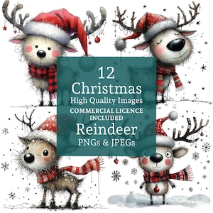 Weihnachten Rentier Clipart 12 PNGs / JPGs, süße Winter Tierbilder, Urlaub Handwerk & Geschenkideen, KOMMERZIELLE NUTZUNG Digitaler Download | AR0822-1