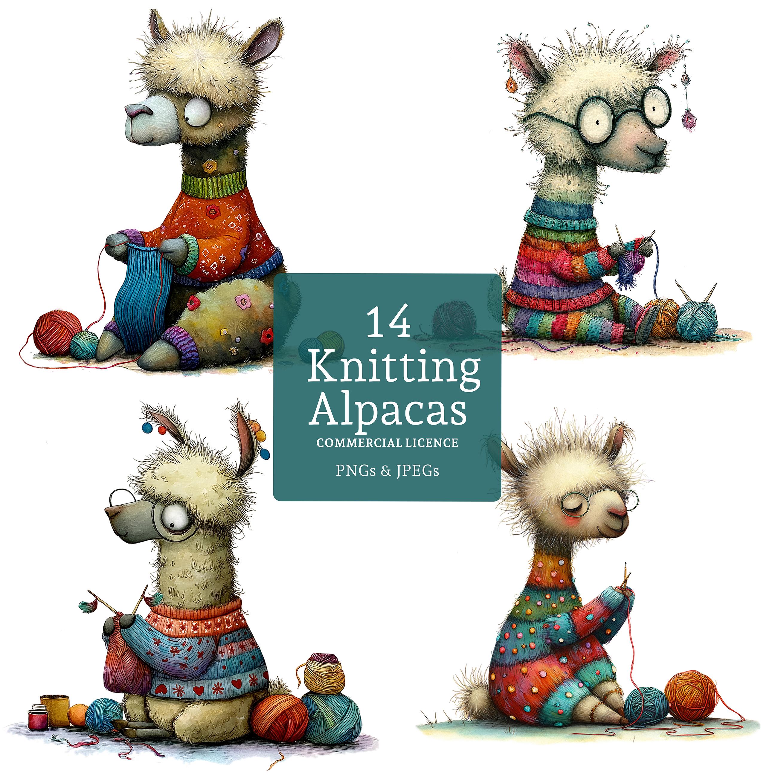 絵画 ARUPAKA 編み物アルパカのクリップアート、14種類の高品質PNG/JPG、水彩風の
