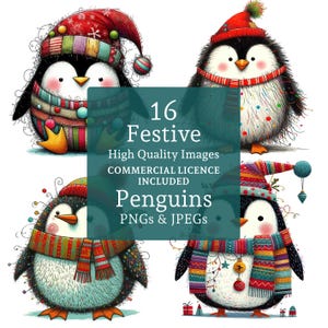 Clipart de pingüino navideño (16 PNG/JPG), animal festivo de invierno, manualidades digitales/en papel, diario, USO COMERCIAL, descarga digital / AR0801-1