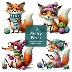 Clipart renard astucieux, 12 fichiers PNG/JPG de haute qualité, images de tricot, agenda de loisirs, clipart amateur d'artisanat, journal indésirable, usage commercial | BR0129