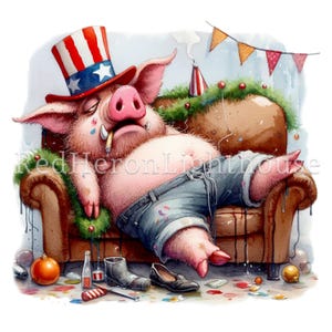 Puede incluir: Un cerdo de dibujos animados con un sombrero de copa rojo, blanco y azul con estrellas y un pa&ntilde;uelo rojo, blanco y azul est&aacute; inconsciente en un sof&aacute; marr&oacute;n con una guirnalda verde. El cerdo lleva pantalones vaqueros azules y tiene un cigarrillo en la boca. Hay decoraciones de fiesta y confeti en el suelo.