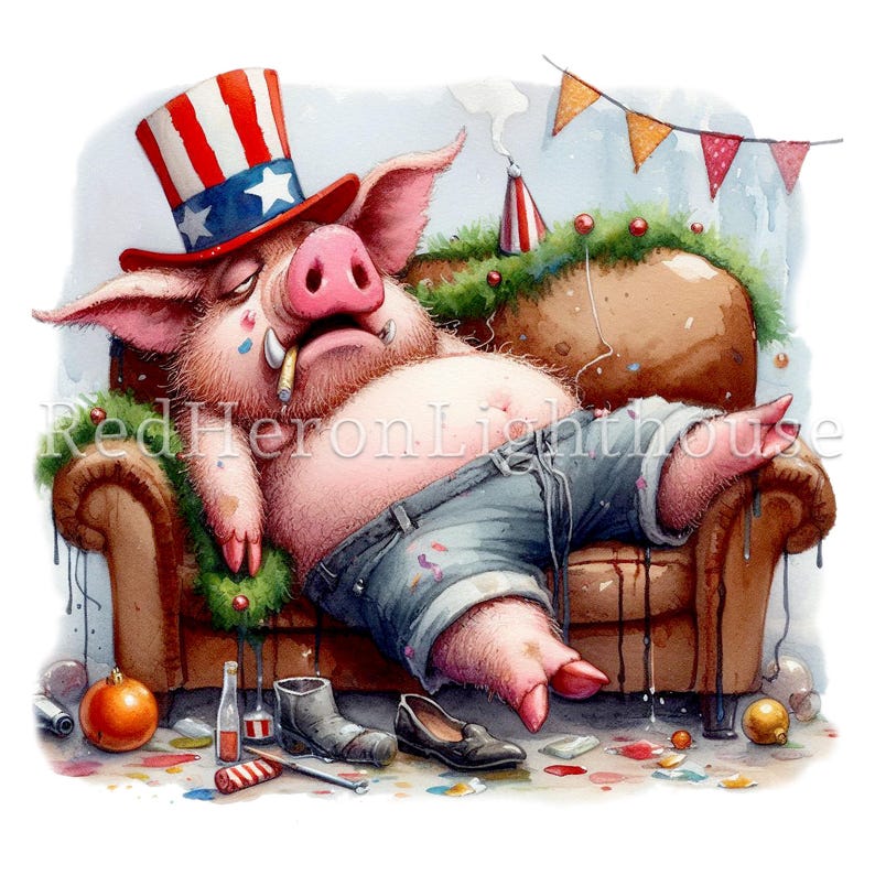 Puede incluir: Un cerdo de dibujos animados con un sombrero de copa rojo, blanco y azul con estrellas y un pa&ntilde;uelo rojo, blanco y azul est&aacute; inconsciente en un sof&aacute; marr&oacute;n con una guirnalda verde. El cerdo lleva pantalones vaqueros azules y tiene un cigarrillo en la boca. Hay decoraciones de fiesta y confeti en el suelo.