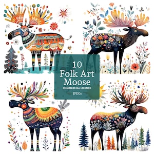 Clipart orignal art folklorique, 10 fichiers PNG/JPG haute qualité, aquarelle art animalier scandinave, fabrication de cartes, créations papier/numérique UTILISATION COMMERCIALE | BR0422-1