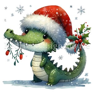 May include: A green crocodile wearing a red Santa hat with white fur trim and holding a sprig of holly with red berries. The crocodile is standing on a white background with snowflakes.