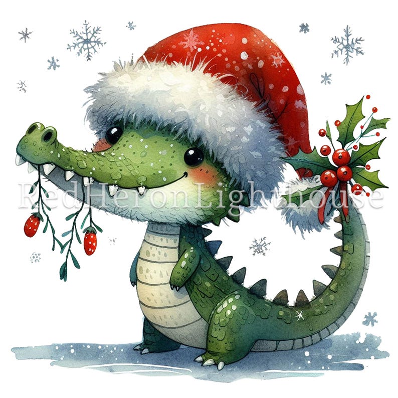 May include: A green crocodile wearing a red Santa hat with white fur trim and holding a sprig of holly with red berries. The crocodile is standing on a white background with snowflakes.